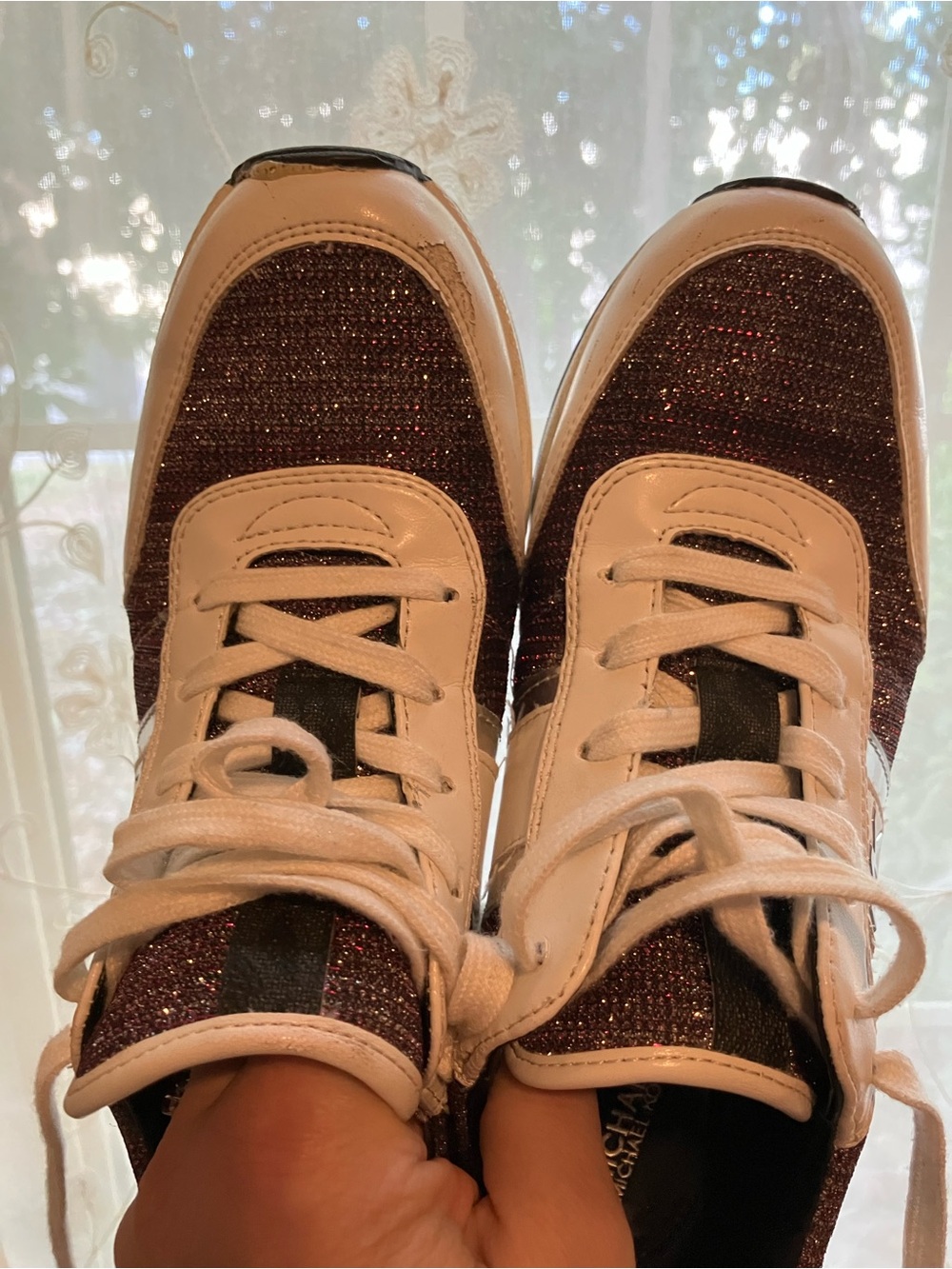 Michael Kors Burgundy Glitter Lace-Up Sneakers with White Trim